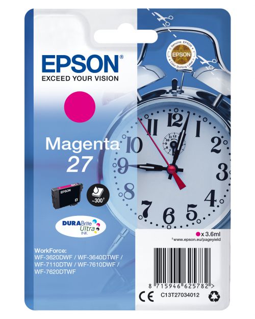 Epson Alarm Clock 27 Durabrite Ultra Ink Cartridge (Magenta) Blister for WorkForce WF-3620DWF/WF-7610DWF/WF-3640DTWF/WF-7620DTWF/WF-7110DTW Printers