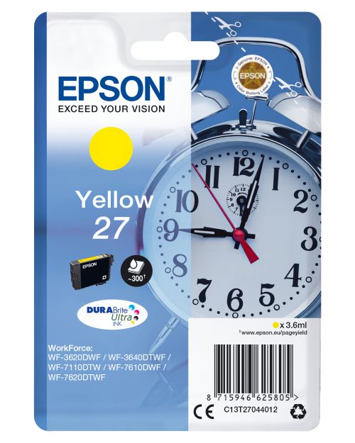 Epson Alarm Clock 27 Durabrite Ultra Ink Cartridge (Yellow) Blister for WorkForce WF-3620DWF/WF-7610DWF/WF-3640DTWF/WF-7620DTWF/WF-7110DTW Printers