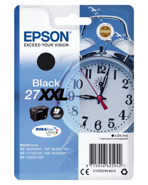 Epson Alarm Clock 27XXL Durabrite Ultra Ink Cartridge (Black) Blister for WorkForce WF-3620DWF/WF-7610DWF/WF-3640DTWF/WF-7620DTWF/WF-7110DTW Printers