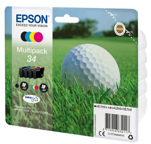 Epson Golf Ball 34 T3466 (Yield 300 pages) Durabrite Ultra Multipack (Black 6.1ml and Cyan/Magenta/Yellow 4.2ml) Ink Cartridges