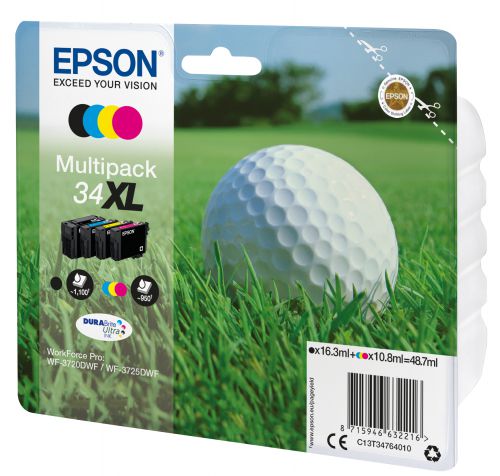Epson Golf Ball 34XL T3476 (Yield 950 pages) Durabrite Ultra Multipack (Black 16.3ml and Cyan, Magenta, Yellow 10.8ml) Ink Cartridges