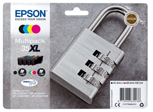 Epson Padlock 35XL T3596 Durabrite Ultra Multipack (Black 40.2ml and Cyan/Magenta/Yellow 20.3ml) Ink Cartridges