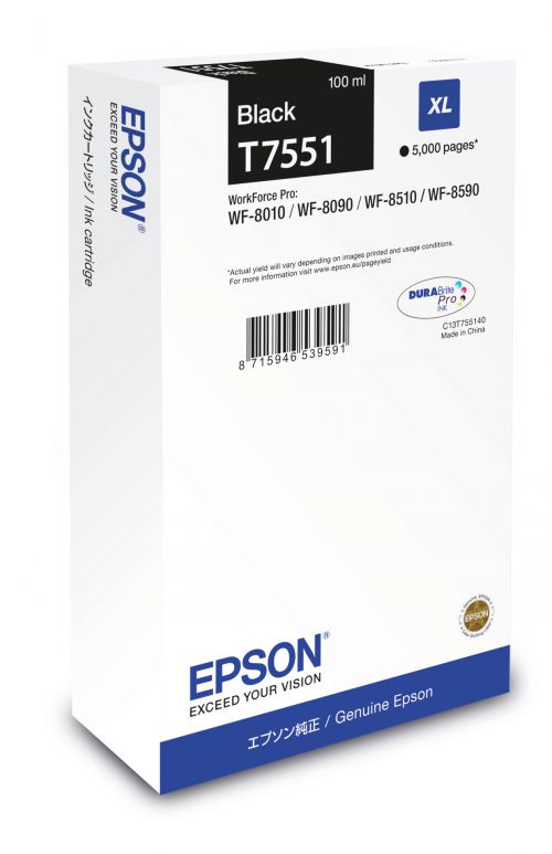 Epson T7551 (Yield 5000 Pages) XL Black Ink Cartridge (100ml) for WorkForce WF-8XXX Series Printers