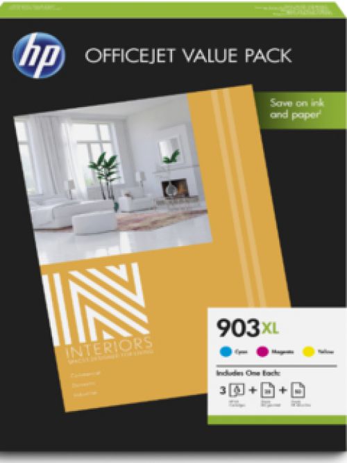 HP 903XL Office Value Pack (Cyan/Magenta/Yellow) Ink Cartridges + 75 Sheet A4 (210 x 297 mm) Paper