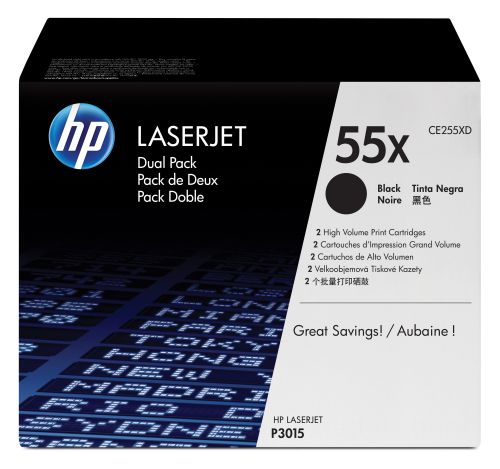 Bundle: HP 55X (Yield: 12,500 Pages) High Yield Black Toner Cartridge Pack of 2