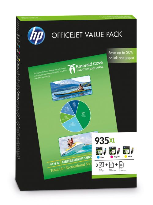 HP 935XL (Yield: 825 Pages) Cyan/Magenta/Yellow Ink Cartridge with (A4) 180g/m2 Inkjet Paper (25 Sheets) & (A4) 180g/m2 HP All-in-One Printer Paper (5