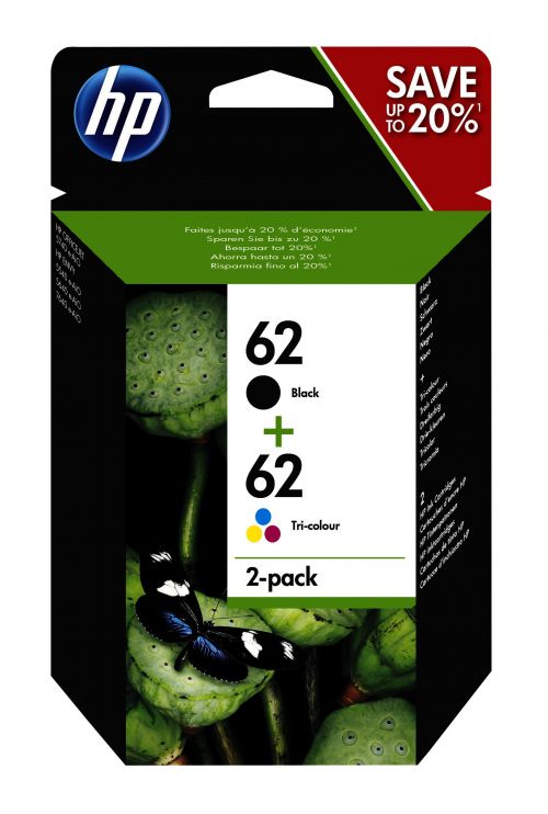 HP 62 (Yield: 200 Black/165 Colour Pages) Black/Cyan/Magenta/Yellow Ink Cartridge Pack of 2