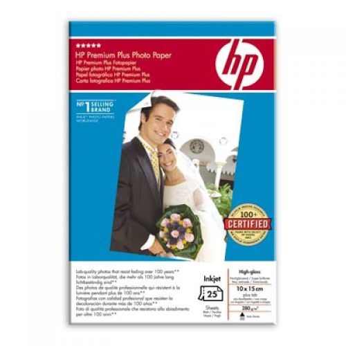 HP Premium Plus (10 x 15cm) High-Gloss Photo Paper (25 Sheets) 280gsm (White)