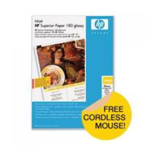 HP Superior Inkjet Paper 180 (Glossy) 180gsm (A4) 1 x Pack of 150 Sheets with FREE Mouse