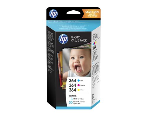 HP 364 Series Photo Value Pack Ink Cartridges (Cyan, Magenta, Yellow) + 50 Sheets of Advanced Photo Paper (10 x 15 cm)