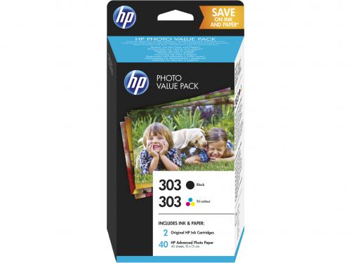 HP 303 Black/Tri-Colour Ink Cartridges Photo Value Pack with HP Advanced Photo Paper 10x15cm (40 Sheets)