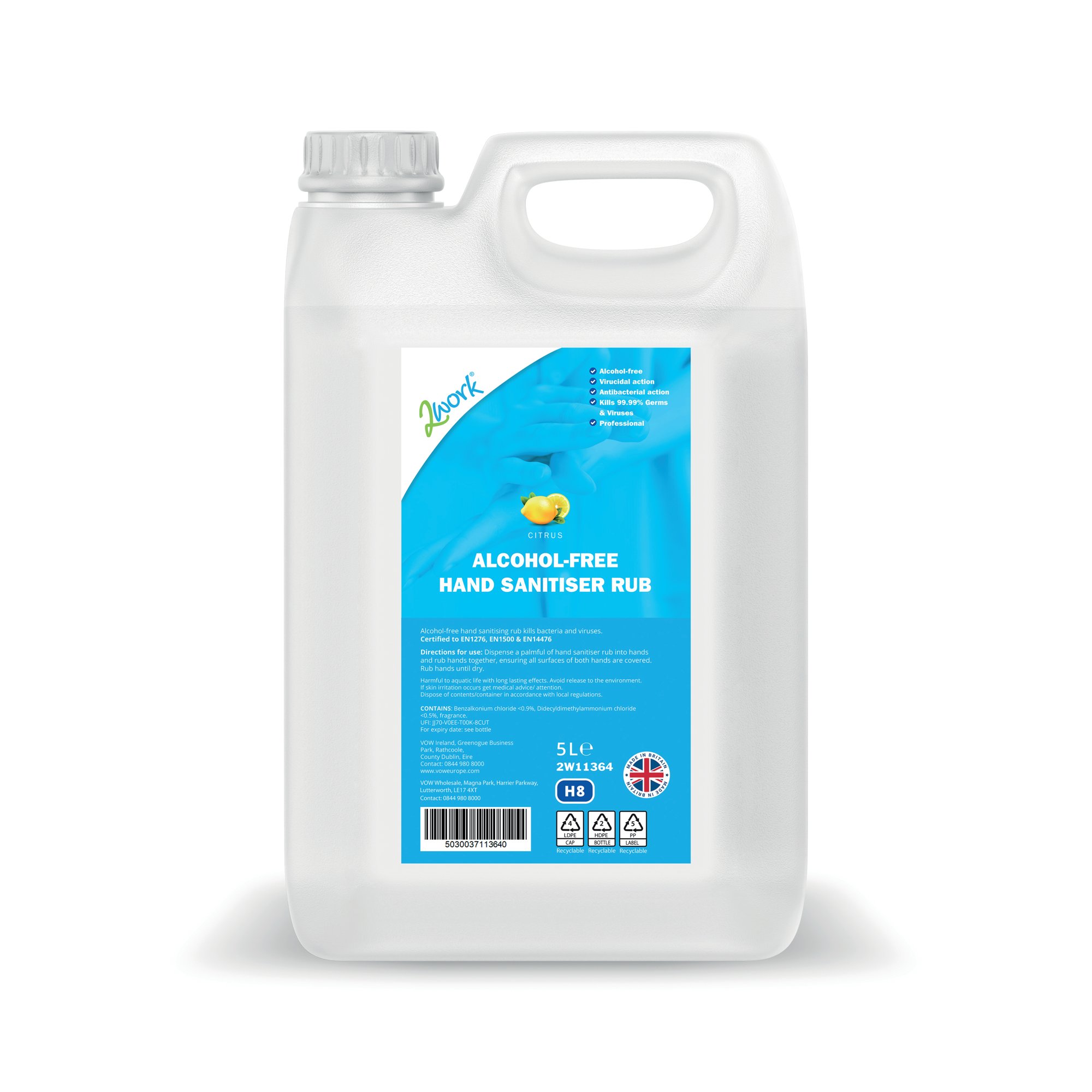 2Work Hand Sanitiser Rub Alcohol-Free Jerry Can 5L 2W11364
