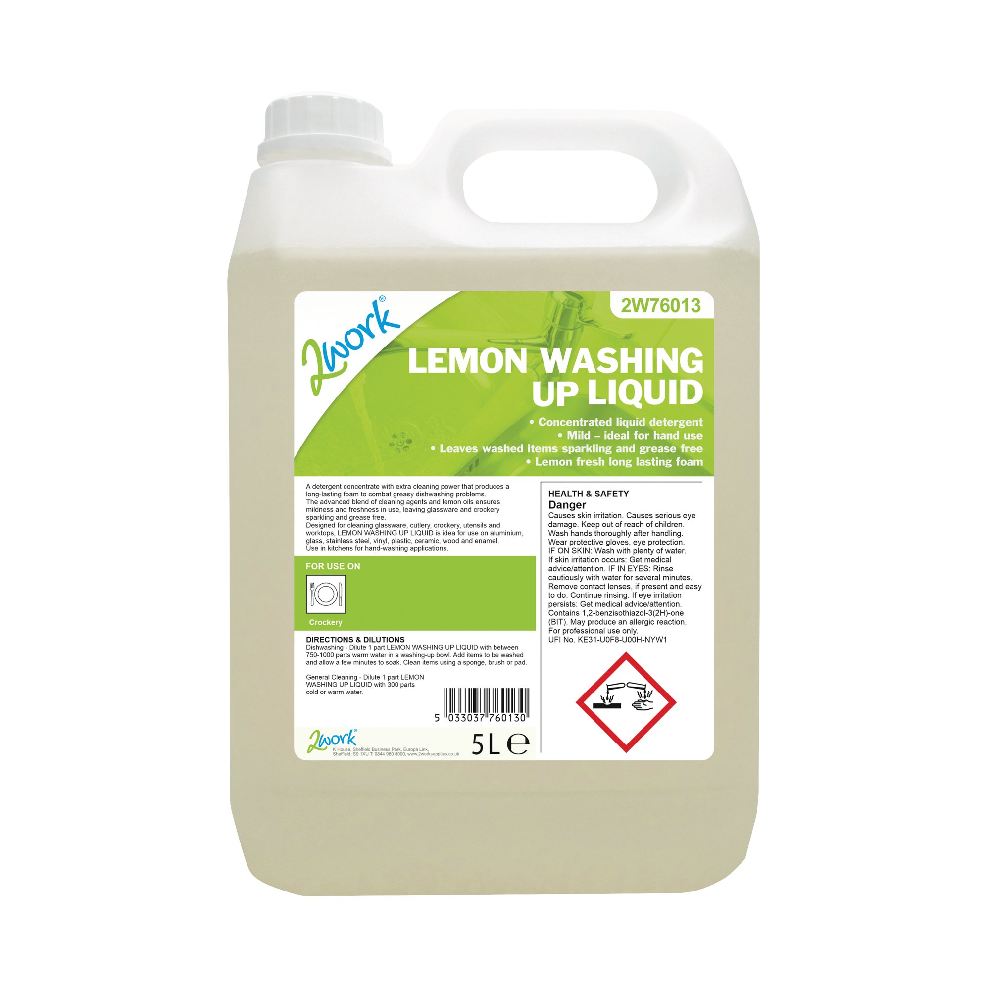 2Work Washing Up Liquid Lemon 5 Litre 2W76013