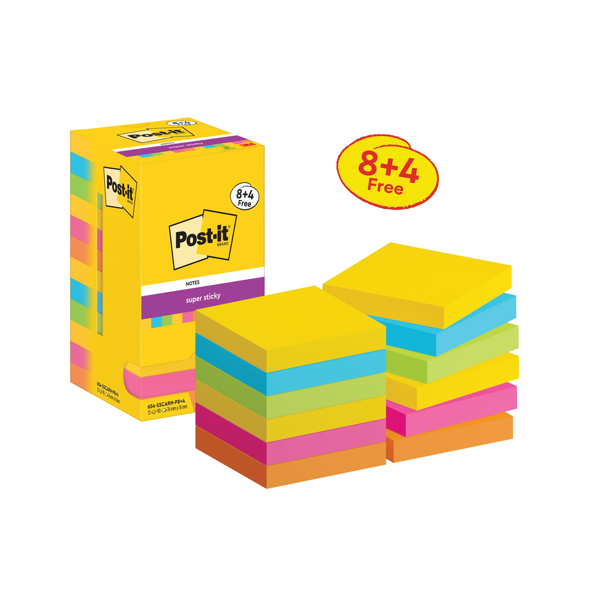 Post-it Super Sticky Notes 76x76mm 90 Sheet Carnival Value Pack 8+4 FOC (Pack of 12) 654-SSCARN-P8+4