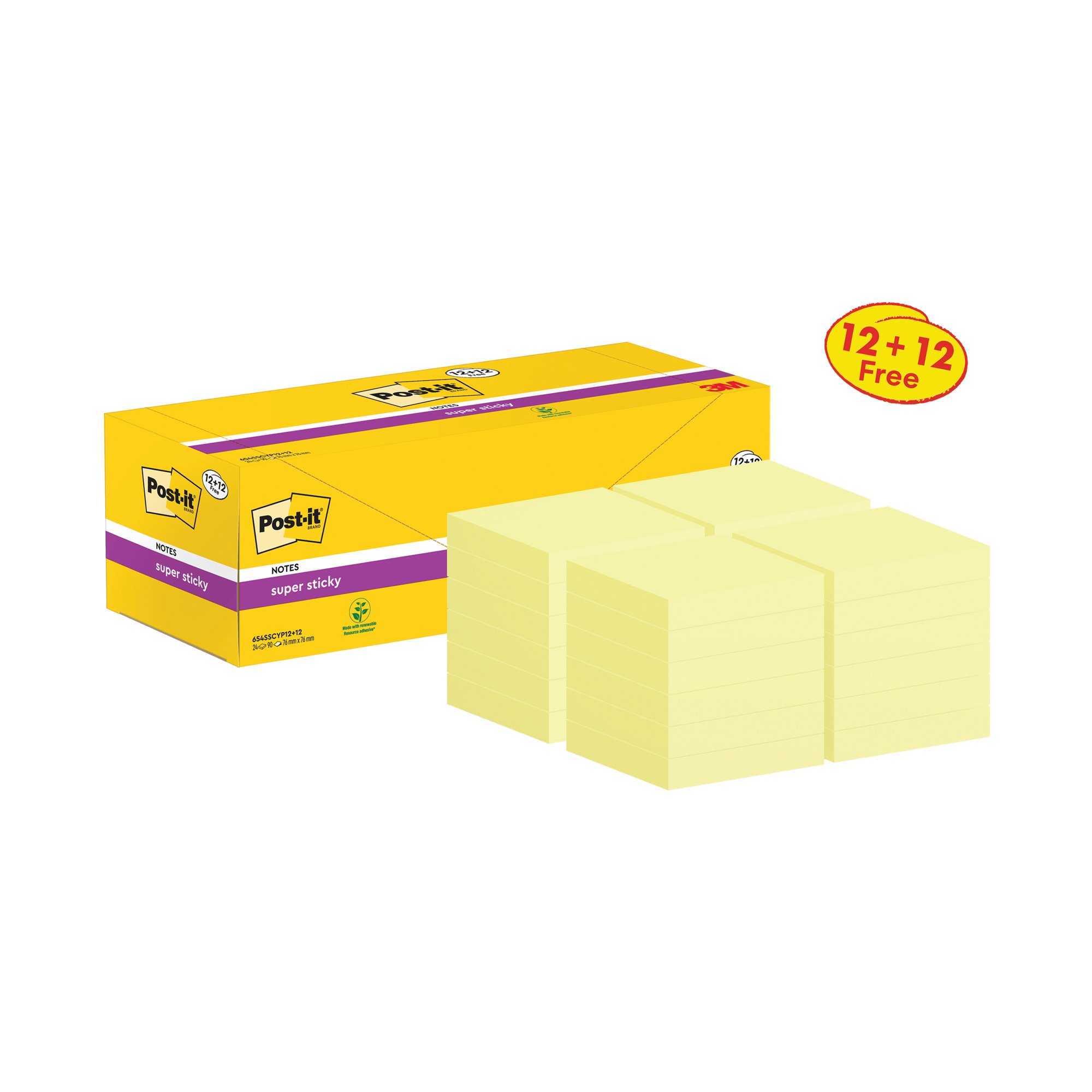 Post-it Super Sticky Notes 76x76mm Canary Yellow Value Pack 12+12 FOC (Pack of 24) 654SSCYP12+12