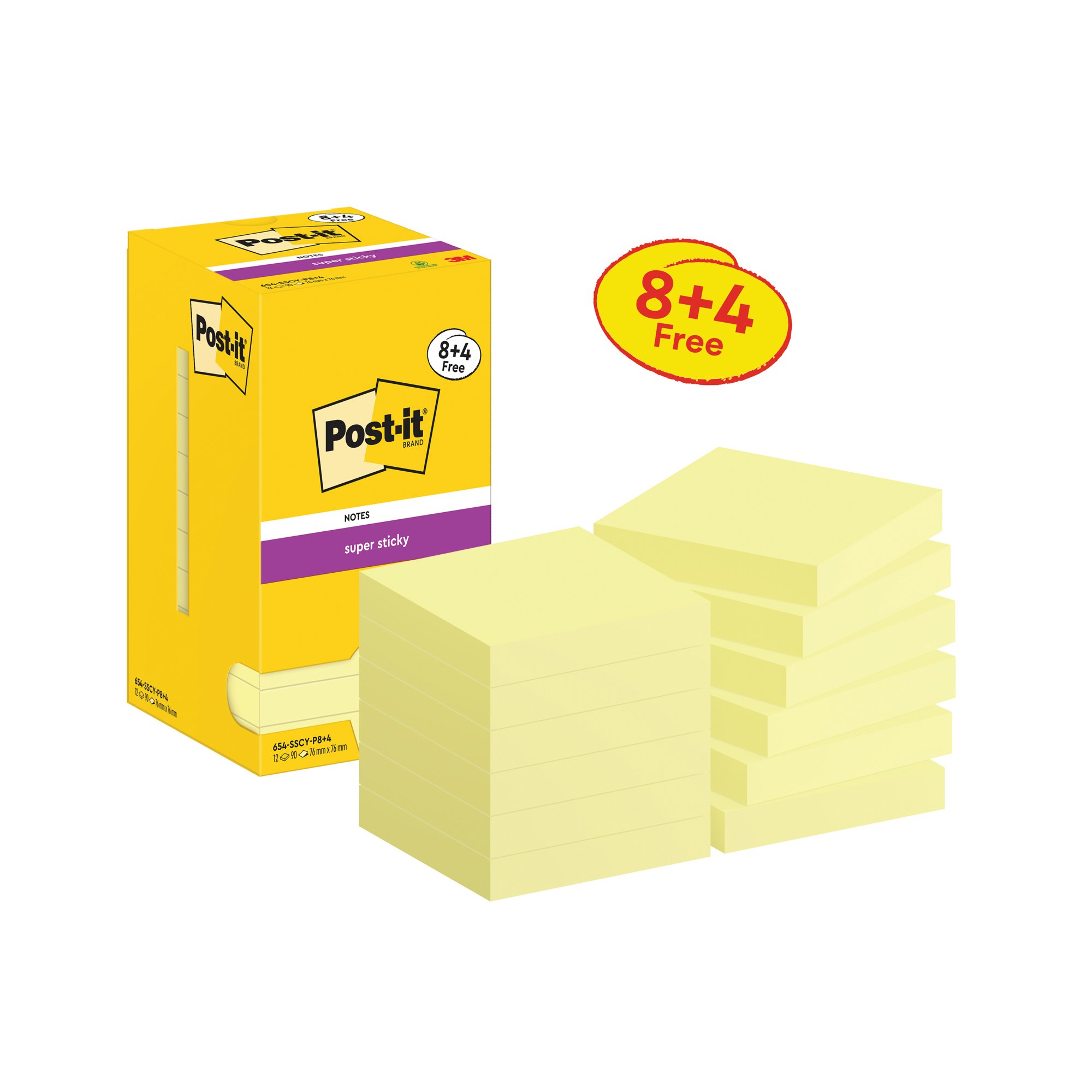 Post-it Super Sticky 76x76mm 90 Sheets Canary Yellow Value Pack 8+4 FOC (Pack of 12) 654-SSCY-P8+4