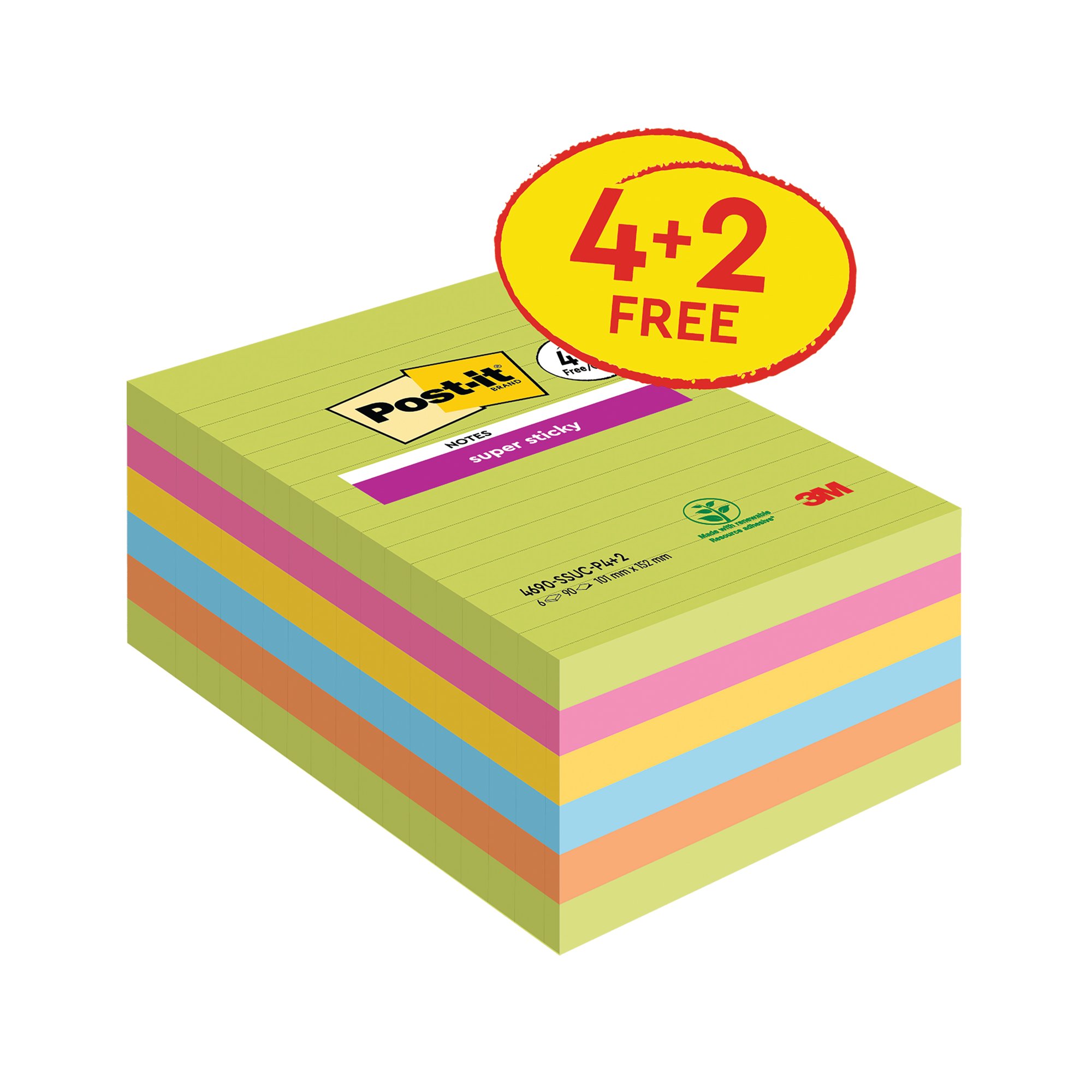Post-It Super Sticky 101x152mm Ultra Pack of 6 4690-SSUC-P4+2