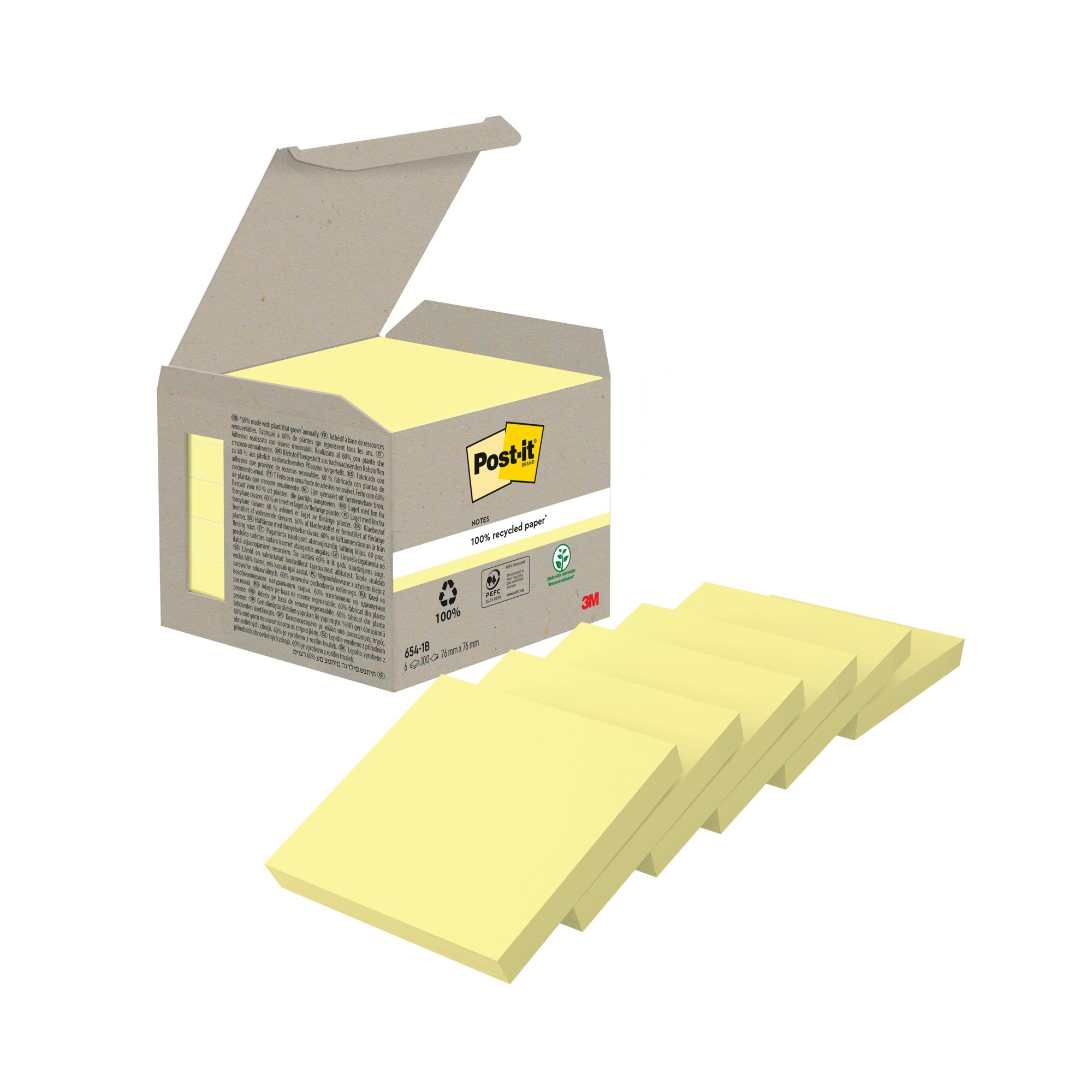 Post-It Recycled Notes 100 Sheets 76x76mm Canary Yellow (Pack of 6) 6541B