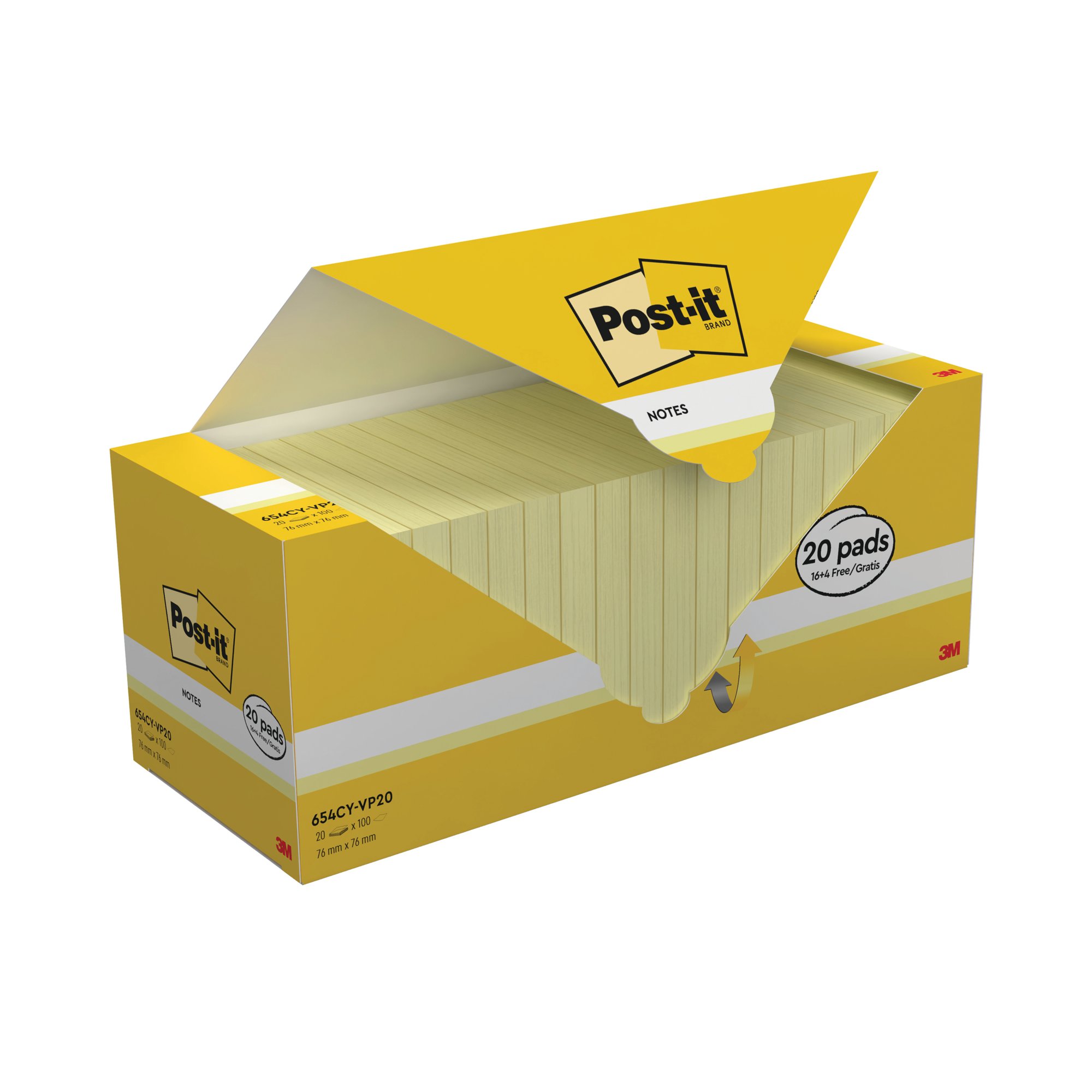 Post-it Notes 76x76mm Canary Yellow VALUE PACK 4 FREE Pads (Pack of 20) 654CY-VP20