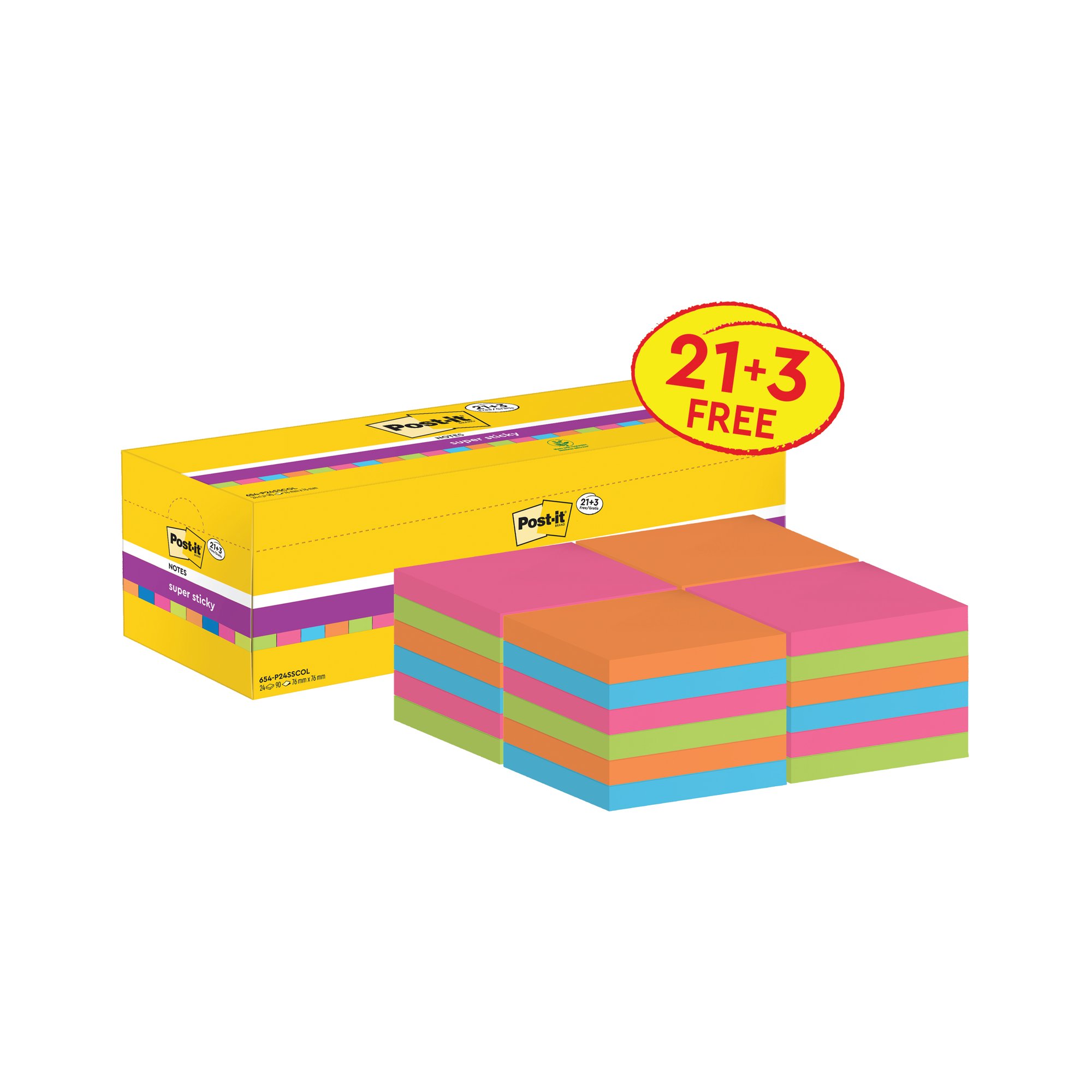 Post-it Super Sticky 76x76mm Assorted VALUE PACK 21 + 3 FREE Pads (Pack of 24) 654-SS-VP24COL-EU