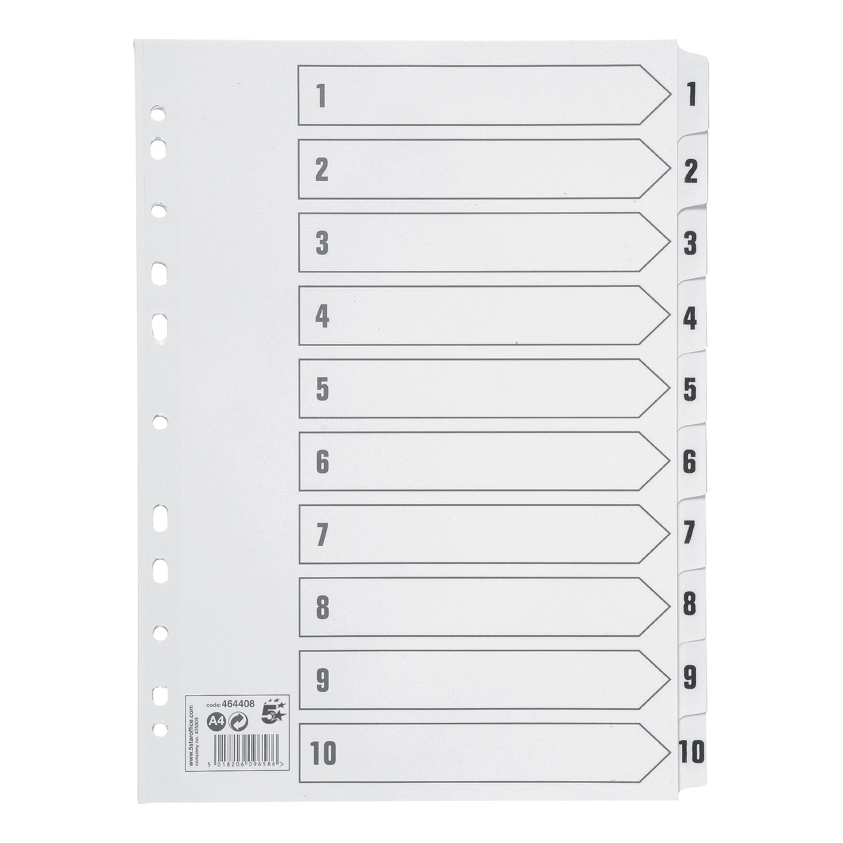 5 Star Index 1-10 Multipunched Mylar-reinforced Strip Tabs 150gsm A4 White 464408