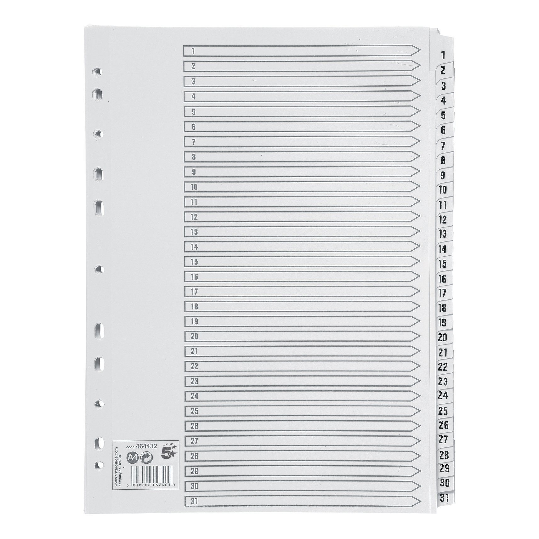 5 Star Office Index 1-31 Multipunched Mylar-reinforced Strip Tabs 150gsm A4 White