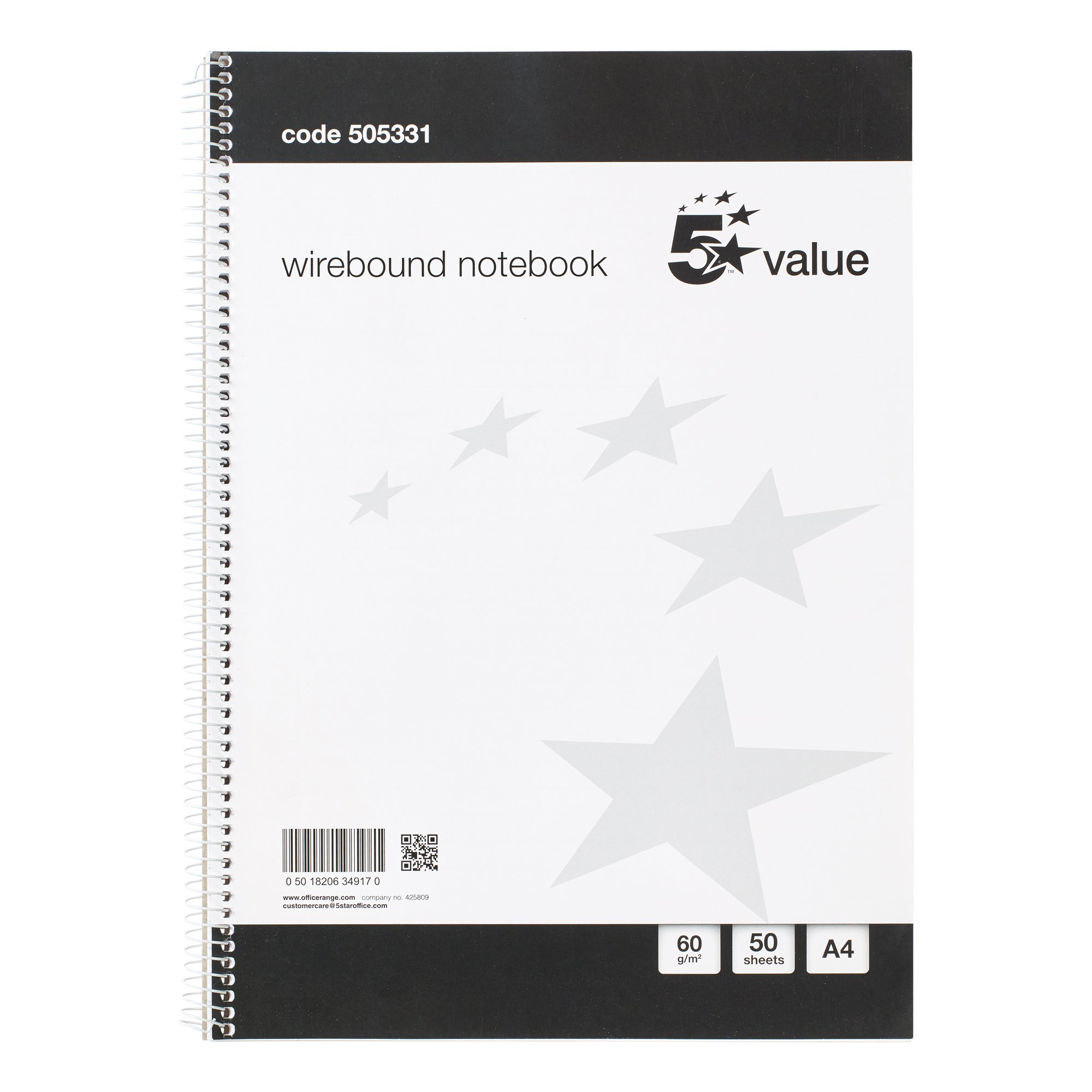 5 Star Spiral Notebook Ruled 60gsm 100 Page A4 Black/White (Pack of 10) 505331