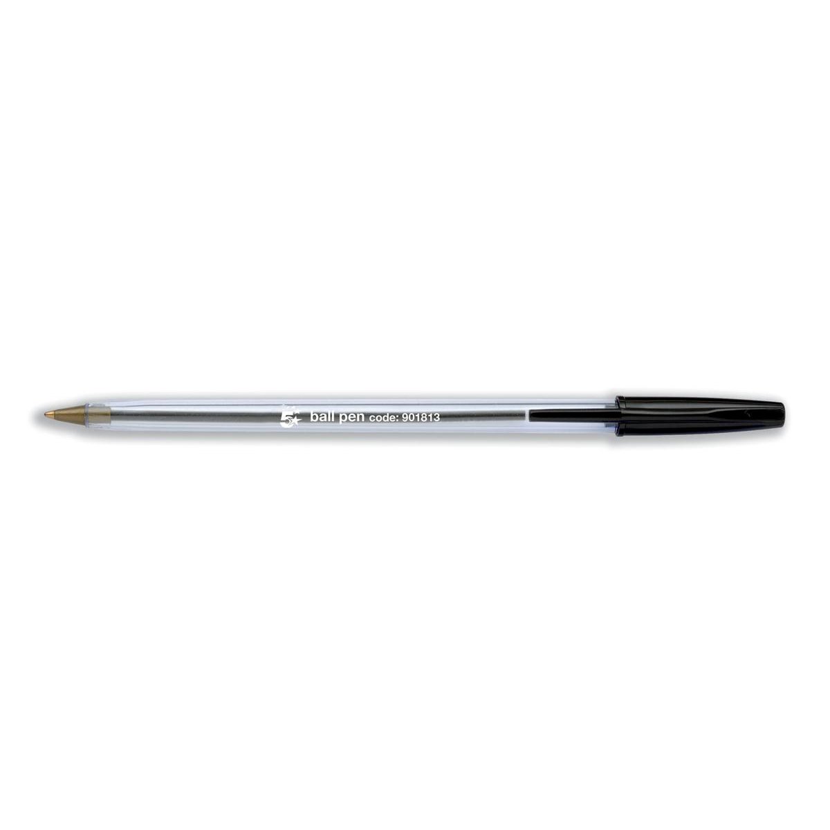 5 Star Ball Pen Medium 1mm Tip 0.4mm Line Clear Barrel Black (Pack of 50) 901813