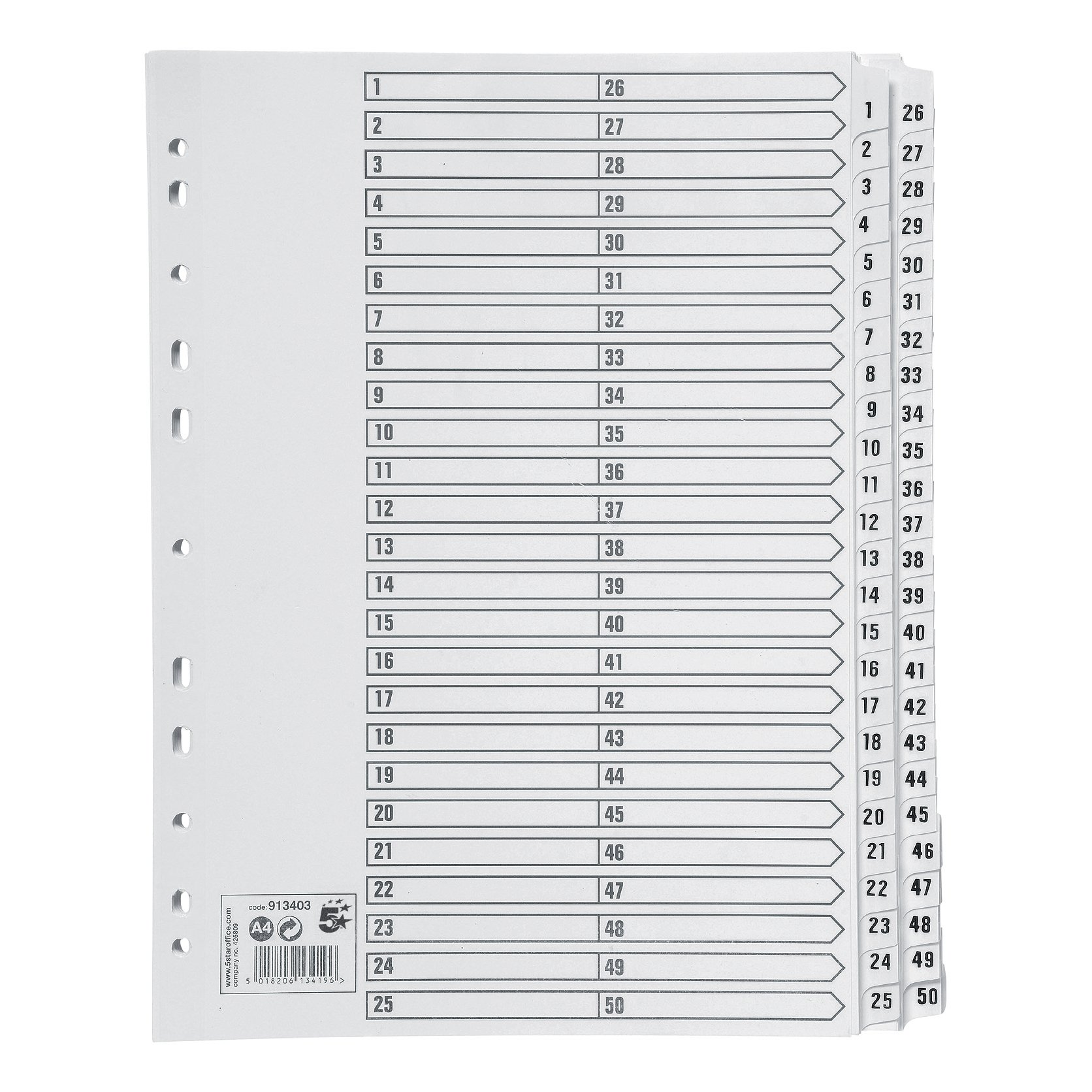 5 Star Index 1-50 Multipunched Mylar-reinforced Strip Tabs 160gsm A4 White 913403