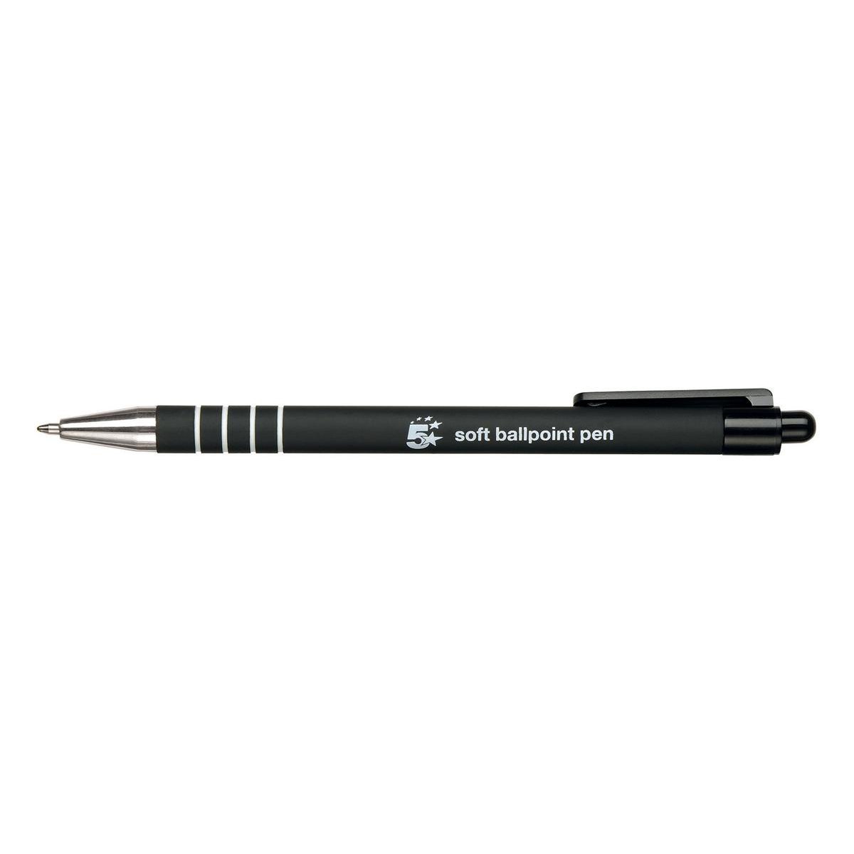 5 Star Retractable Ball Pen Soft Grip Medium 1mm Tip 0.5mm Line Black (Pack of 12) 918508
