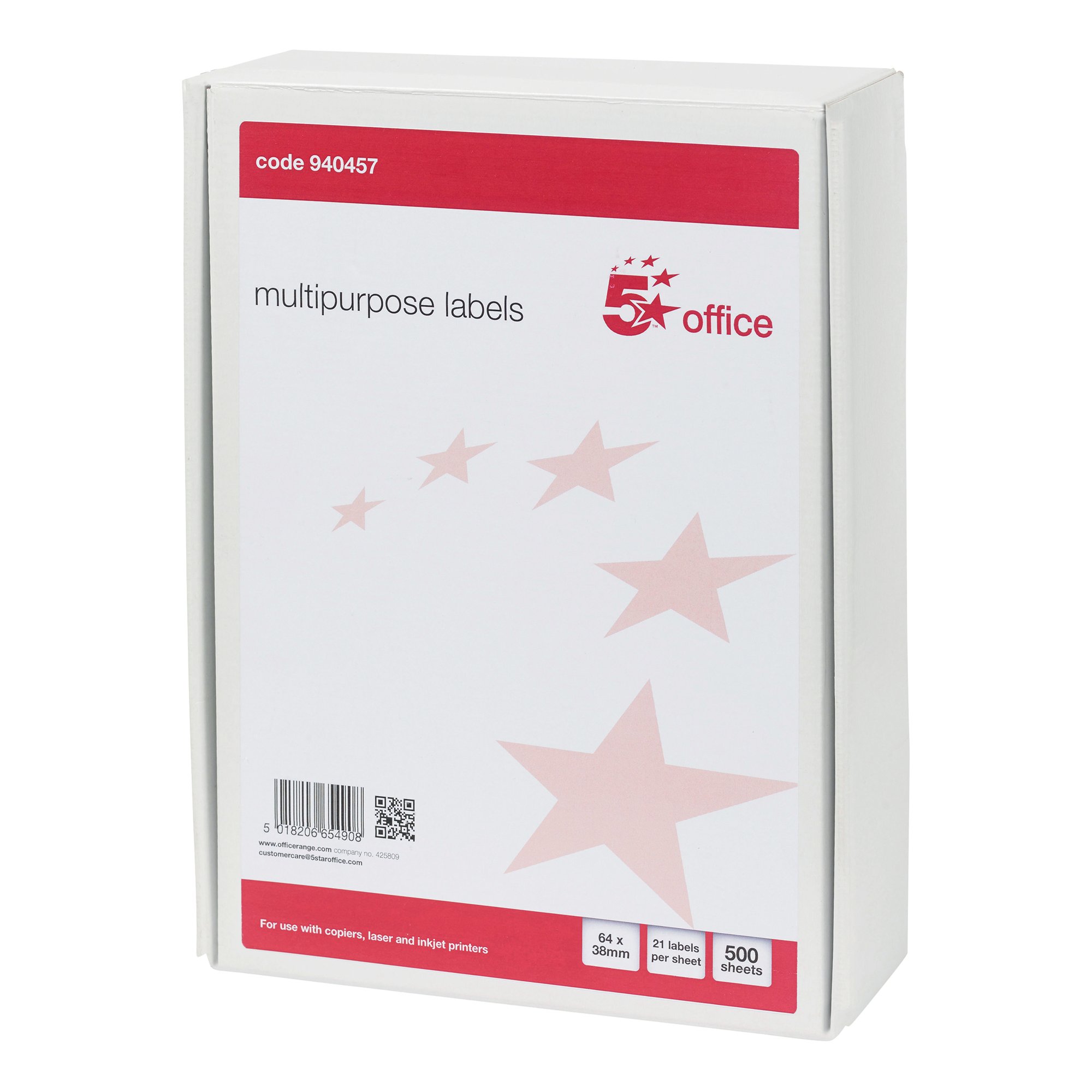 5 Star Multipurpose Labels Laser Copier Inkjet 64x38mm White (Pack of 10500) 940457