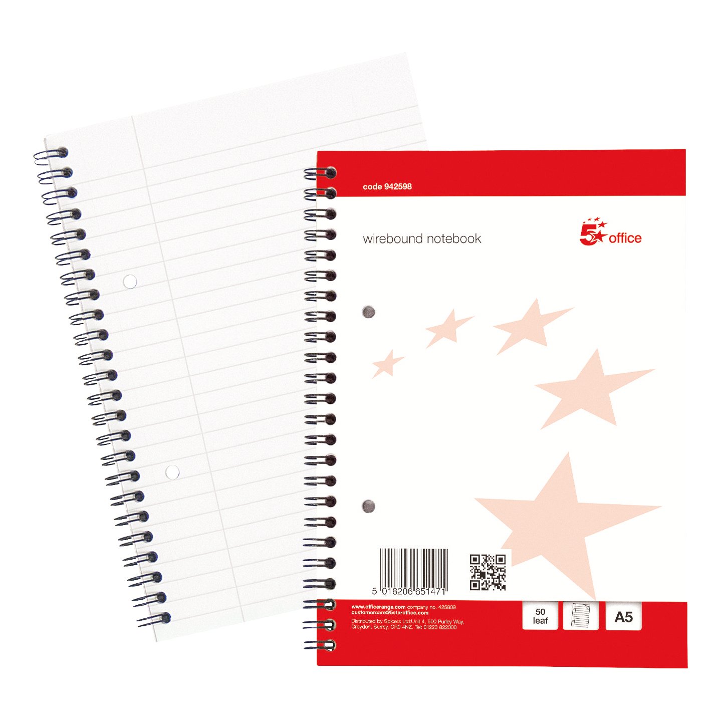 5 Star Wirebound Notebook Ruled Margin Perforated 2 Holes 100 Page A5+ Red/White (Pack of 10) 942598
