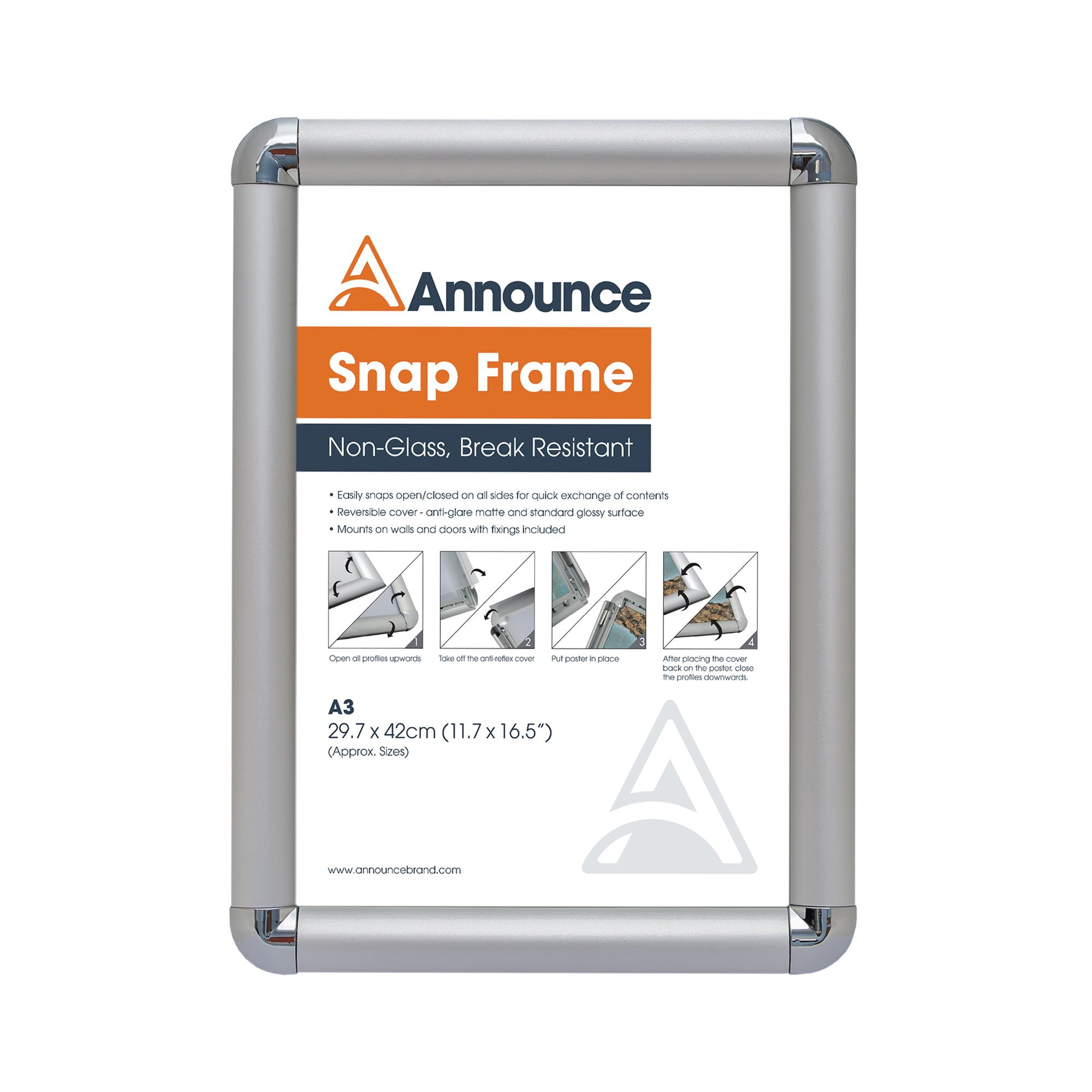Announce by 5 Star A4 Snap Frame 25mm Chrome Effect Crnr AA10249