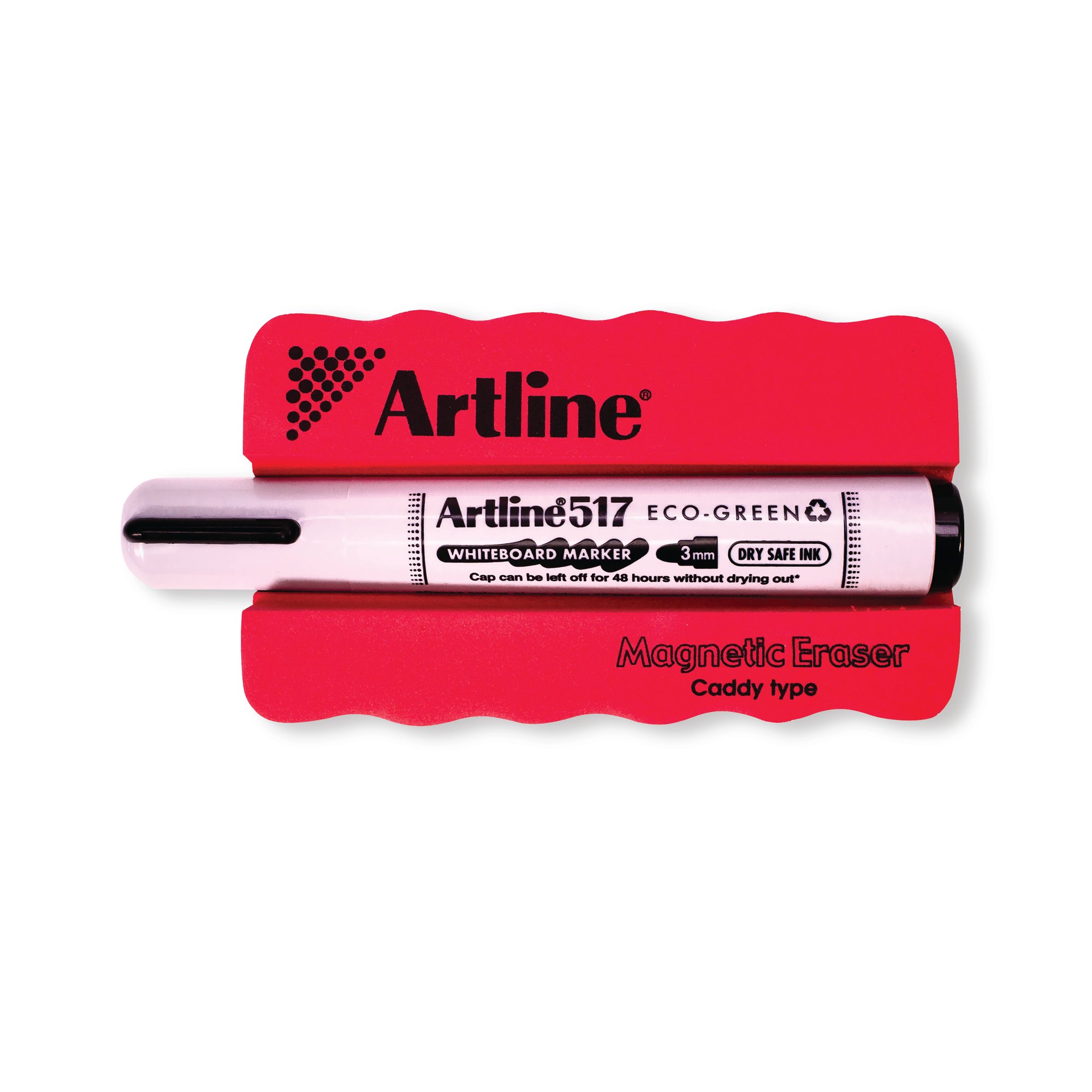 Artline Grooved Magentic Eraser Red with Artline Eco-Green Whiteboard Marker Black (Pack of 6) ERT-M