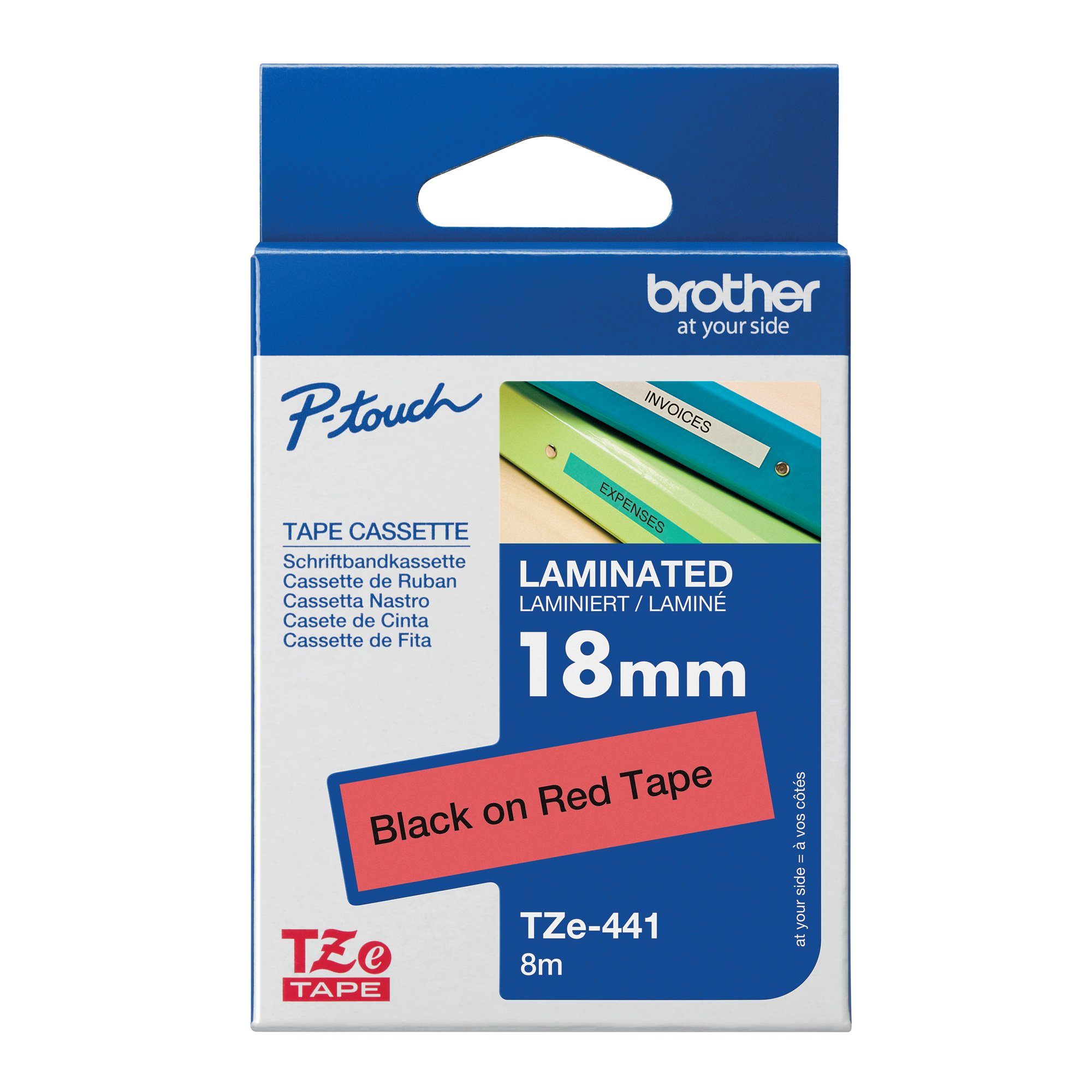 Brother P-Touch TZe Lam Tape Cassette 18mm x 8m Black on Red Tape TZE441