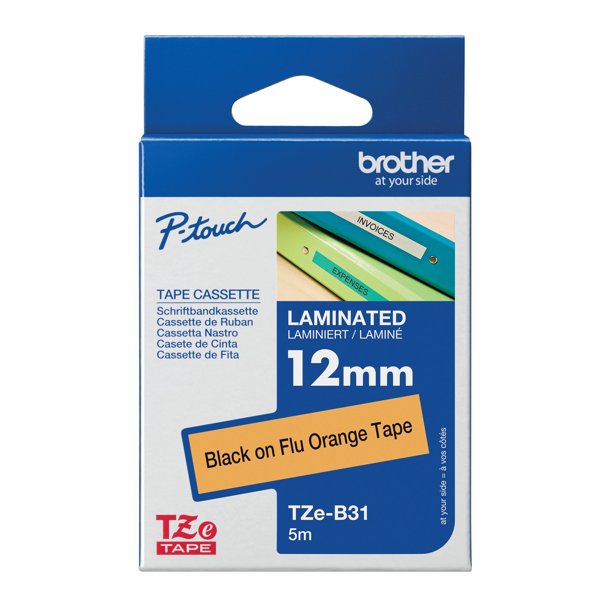 Brother P-Touch TZe Lam Tape Cassette 12mm x 8m Black on Fluorescent Orange Tape TZEB31