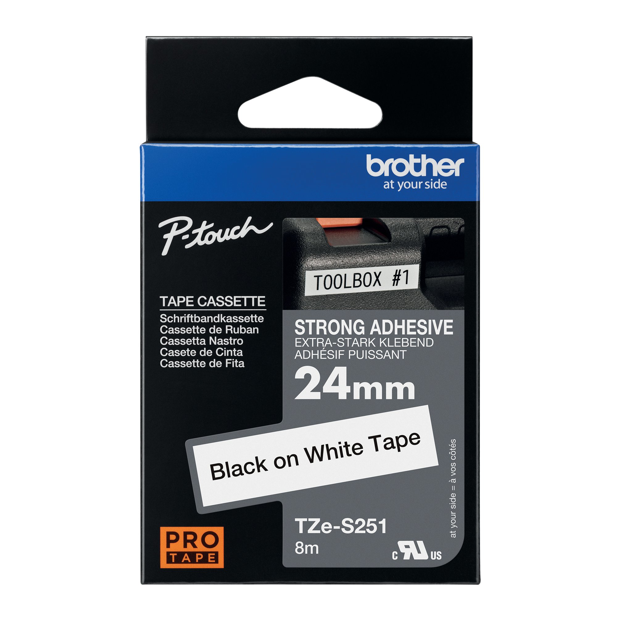 Brother P-Touch TZe Lam Tape Cassette 24mm x 8m Black on White Tape TZE-S251