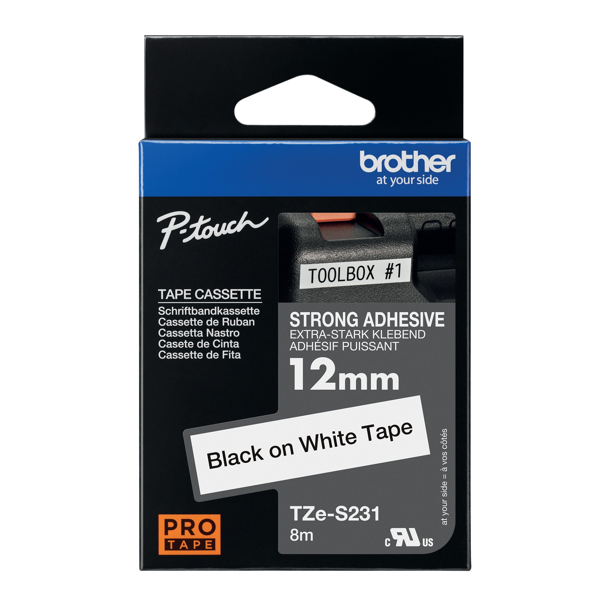 Brother P-Touch TZe Lam Tape Cassette 12mm x 8m Black on White Tape TZES231