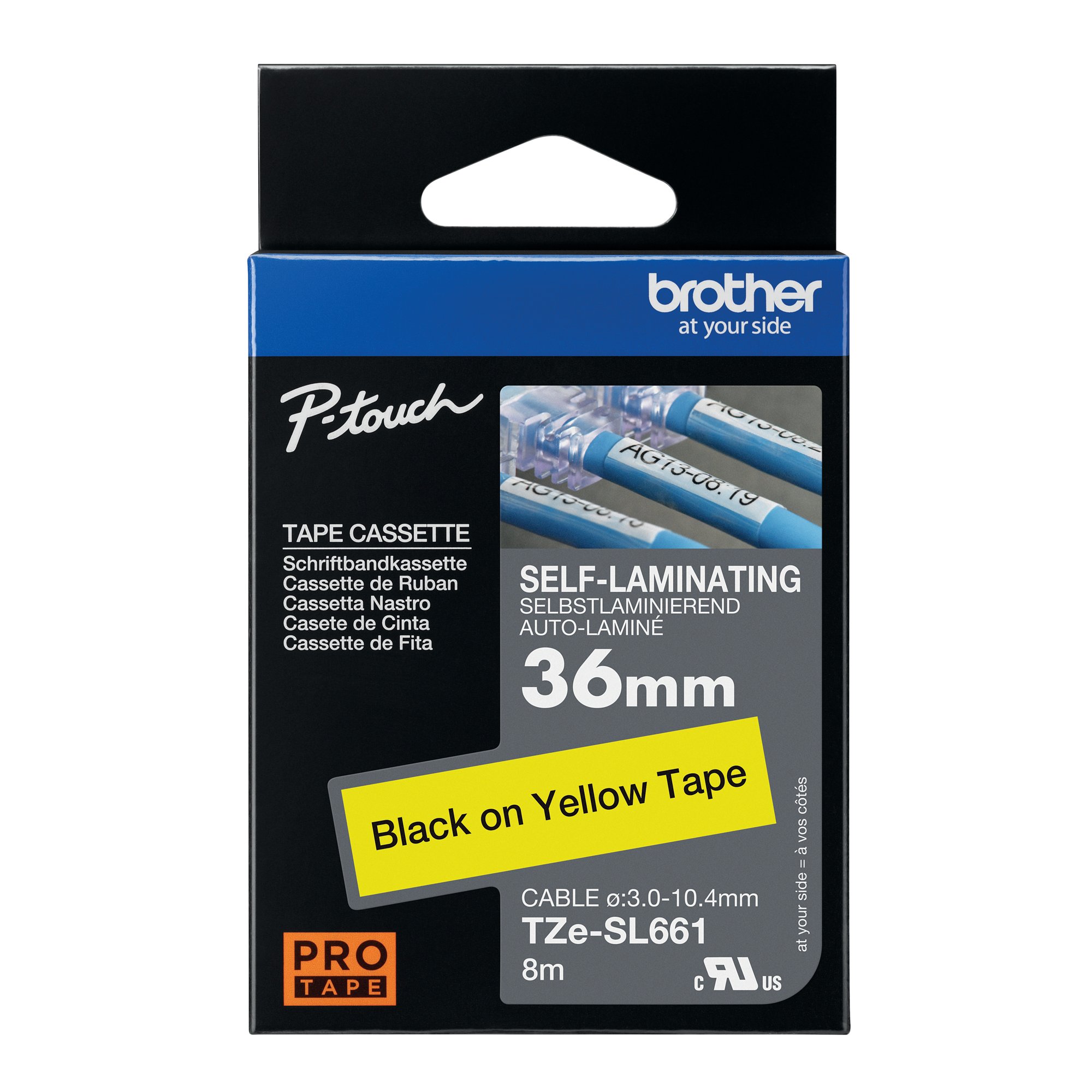 Brother P-Touch TZe Self-Laminating Tape Cassette 36mm x 8m Black on Yellow Tape TZE-SL661