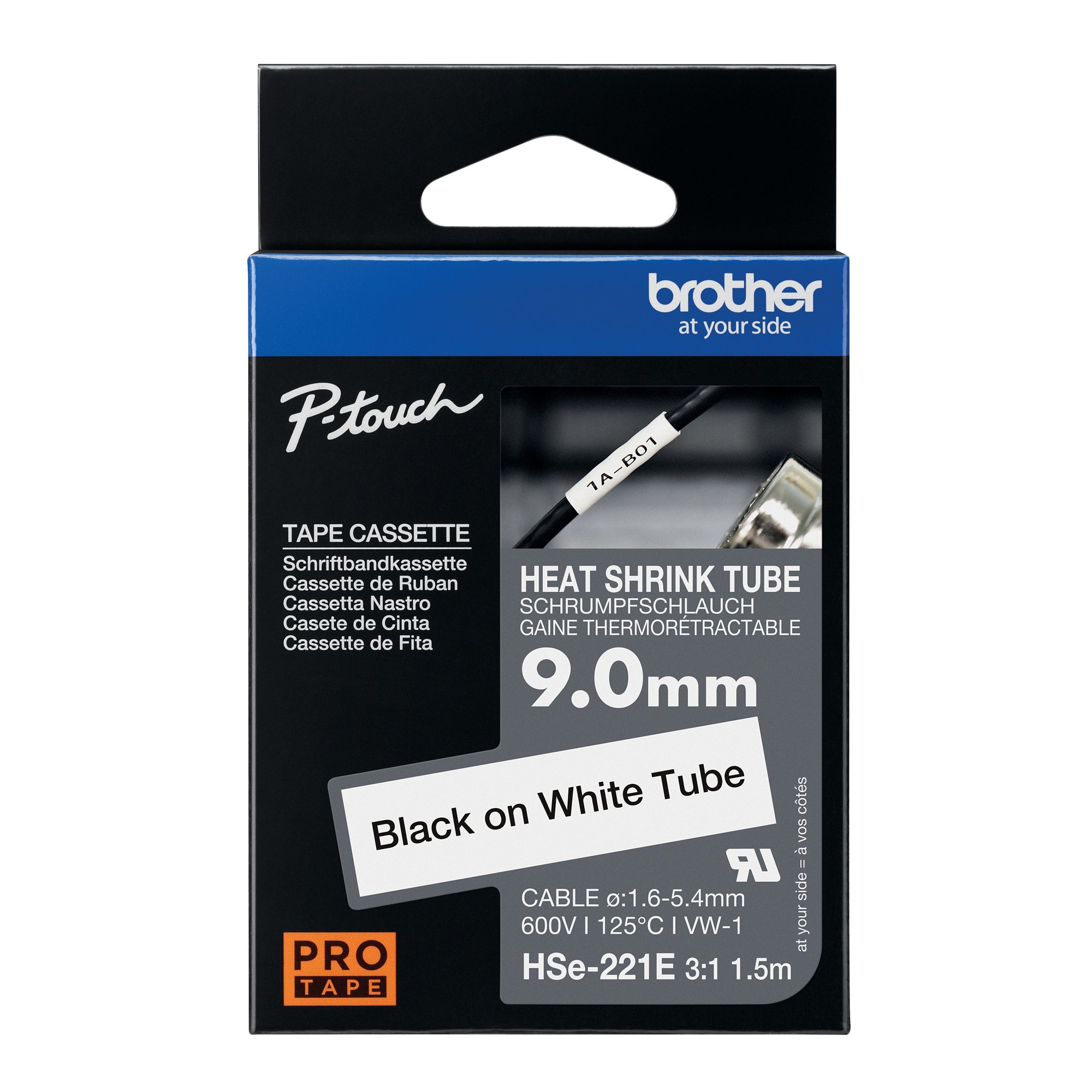 Brother HSe Heat Shrink Tube Tape Cassette 9.0mmx 1.5m Black on White HSe221E