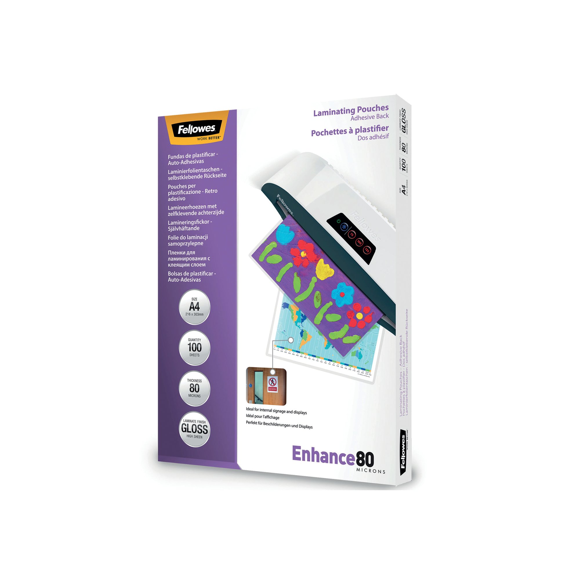 Fellowes Enhance80 Self Adhesive Laminating Pouch A4 160 Micron Total Gloss (Pack of 100) 53022