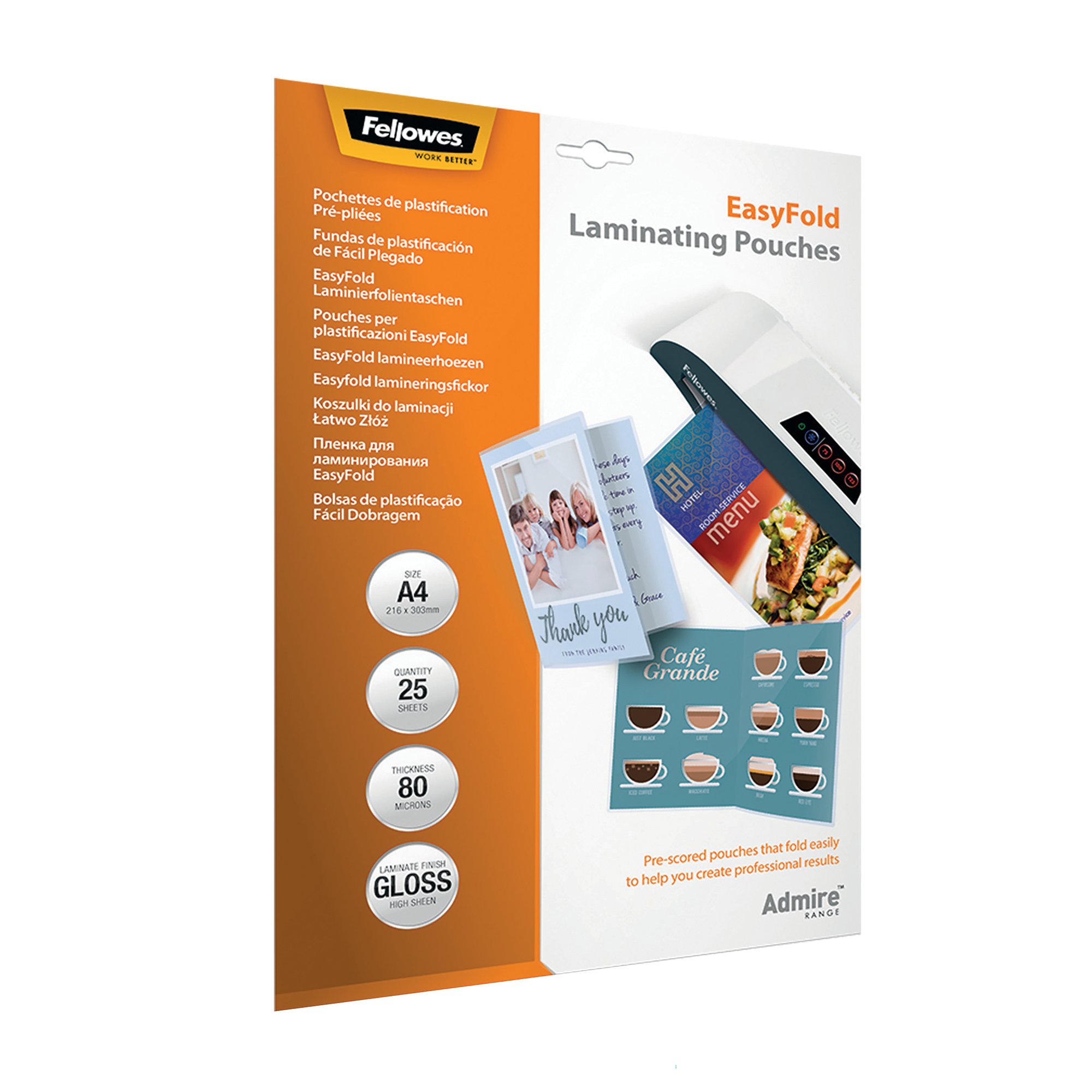 Fellowes Admire EasyFold Laminating Pouch A4 160 Micron Total Thickness (Pack of 25) 5601901