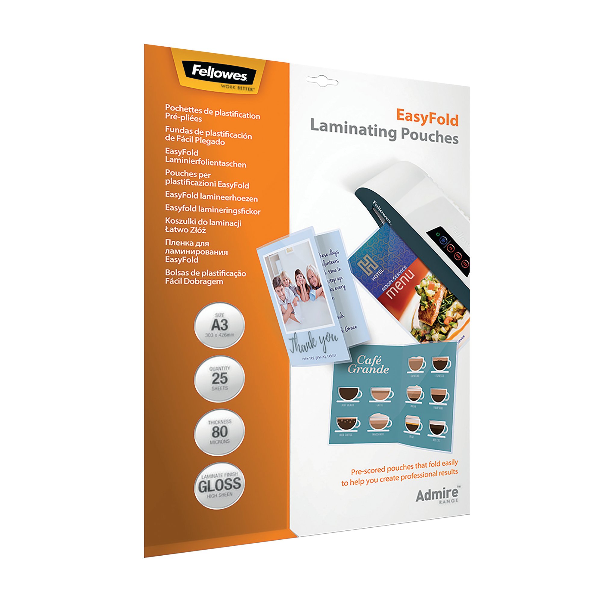 Fellowes Admire EasyFold Laminating Pouch A3 160 Micron Total Thickness (Pack of 25) 5602001