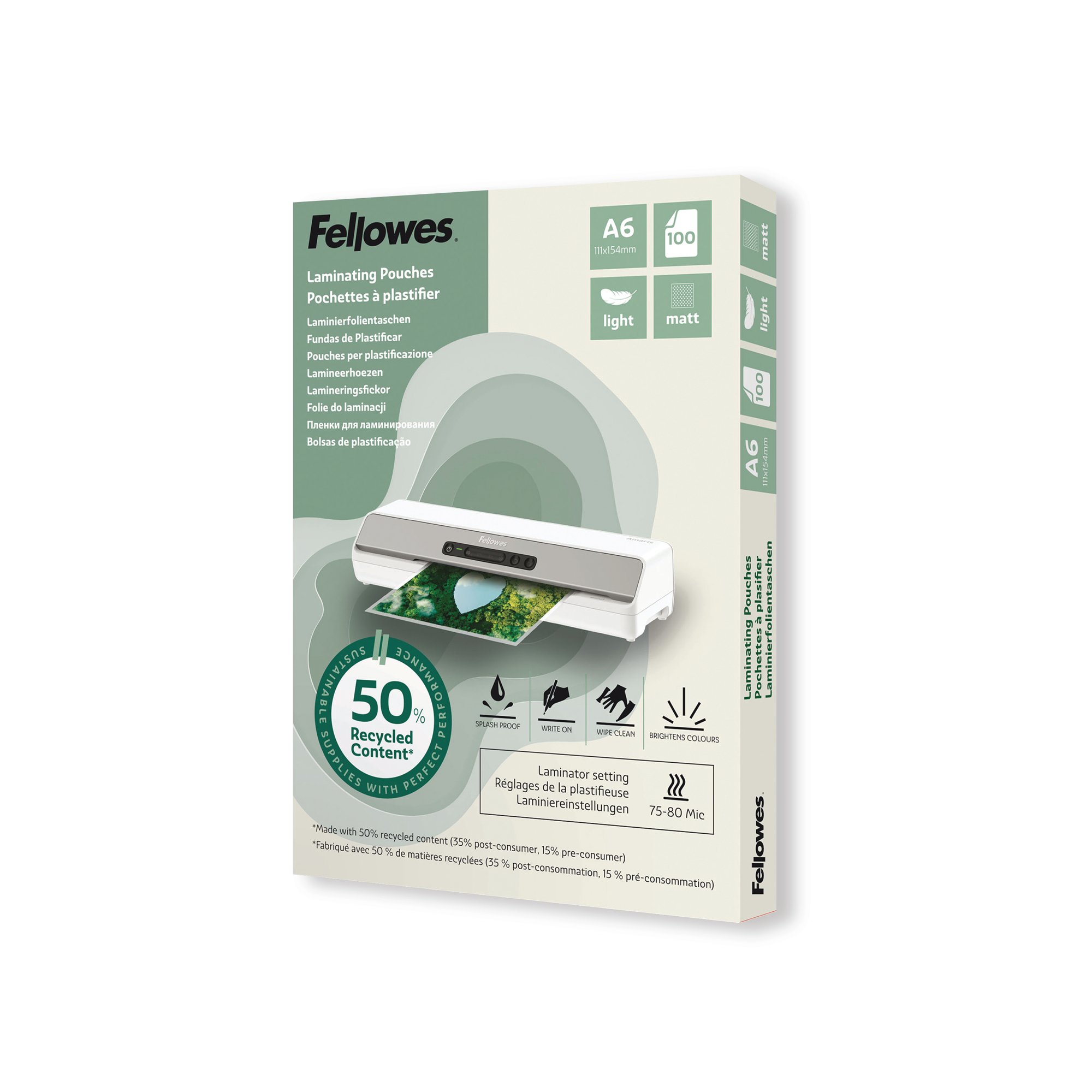 Fellowes Recycled Laminating Pouches 80 Micron A6 Matt (Pack of 100) 100143438