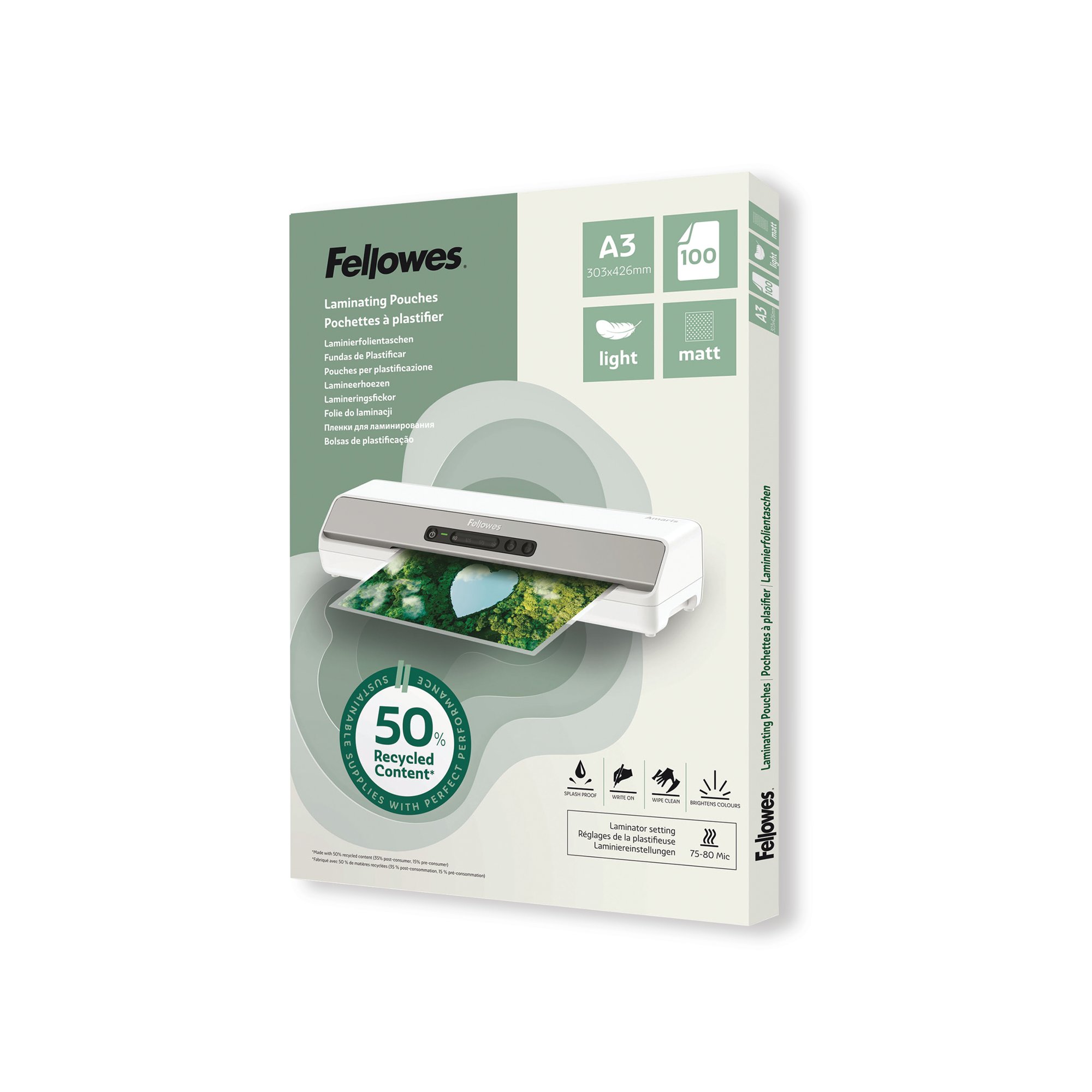 Fellowes Recycled Laminating Pouches 80 Micron A3 Matt (Pack of 100) 100143436
