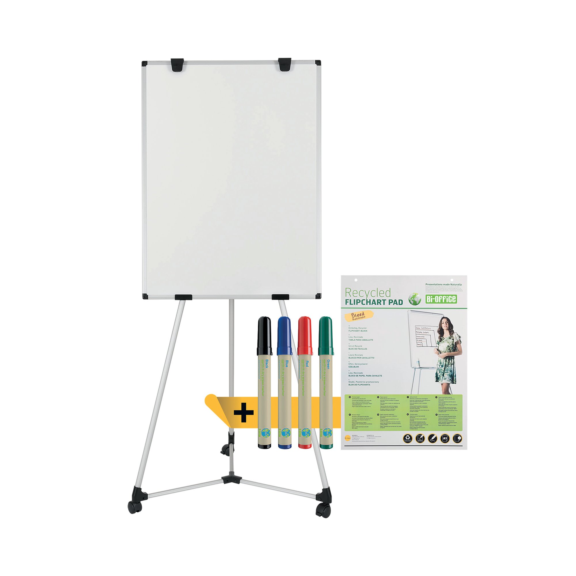 Bi-Office Mobile Magnetic Easel with Flipchart Pad and Pens Earth Kyoto Easel Bundle