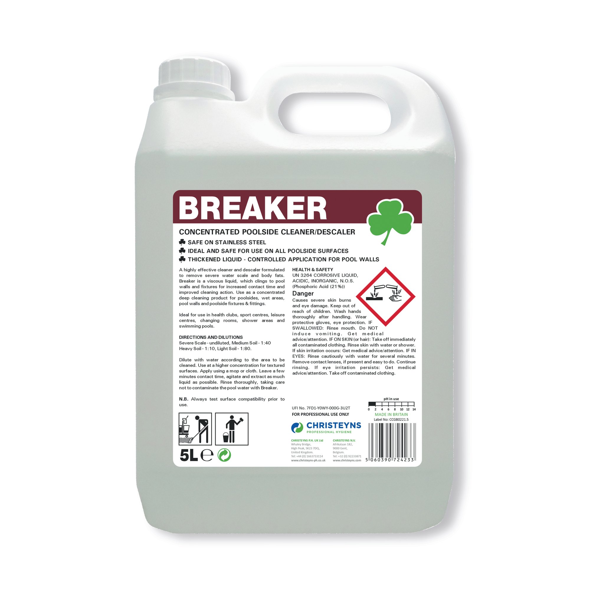 Christeyns Clover Breaker Concentrated Poolside Cleaner/Descaler 5 Litre 506