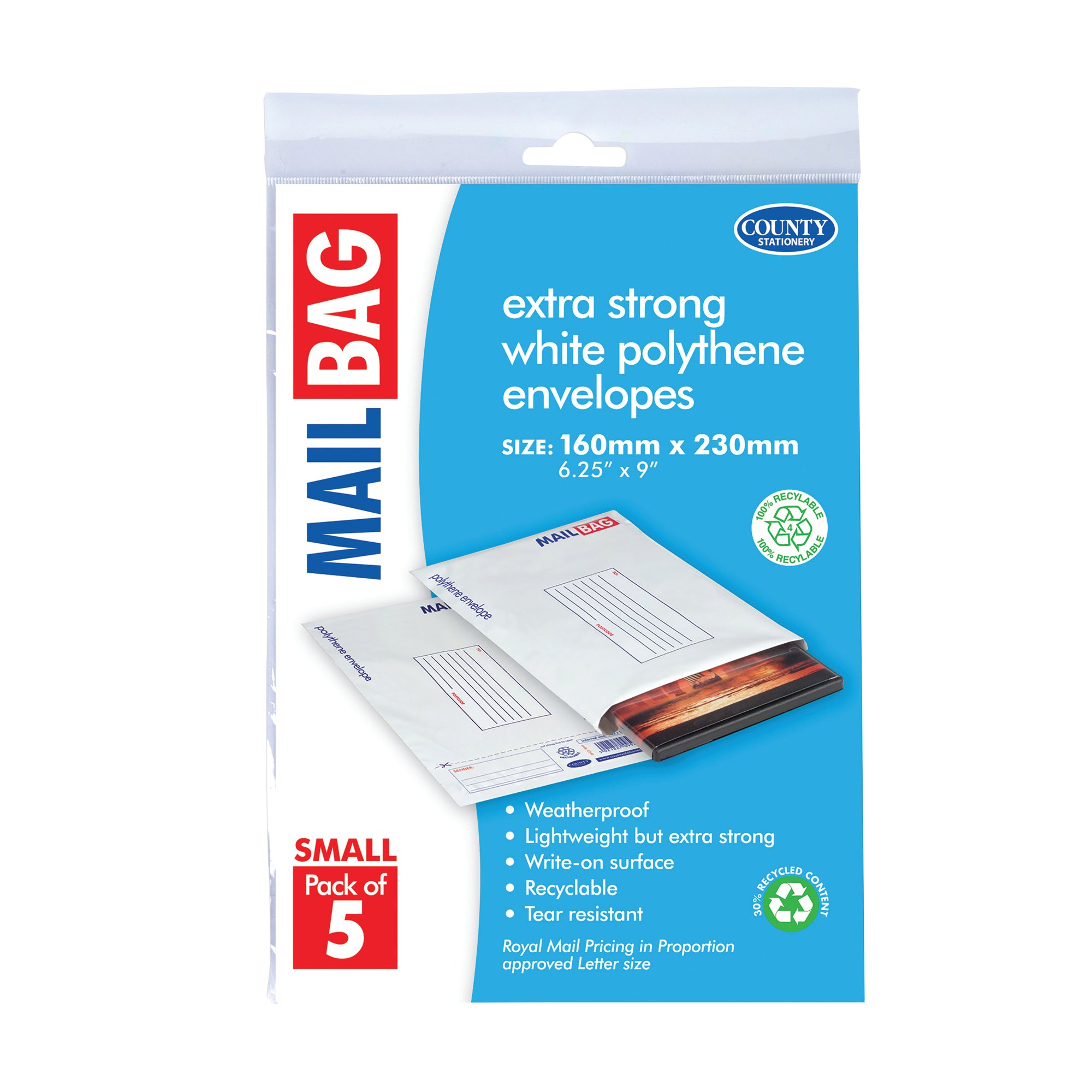 County Stationery Mail Bag Polythene Envelopes x5 White Small 160x230mm (Pack of 10) C260