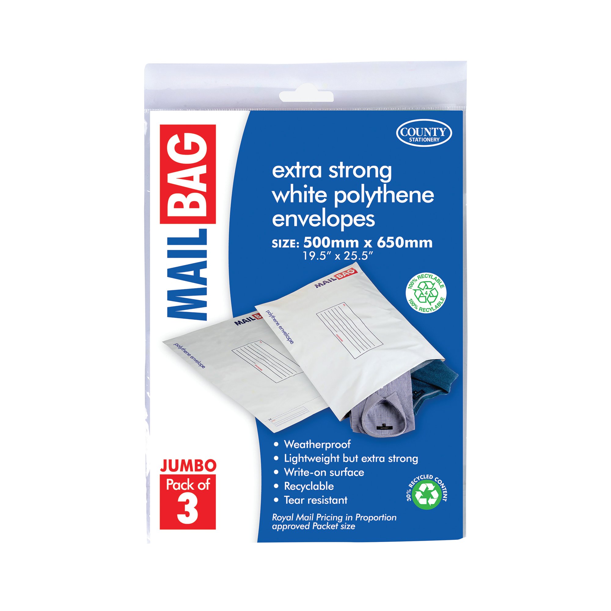 County Stationery Mail Bag Polythene Envelopes x3 White Jumbo 500x650mm (Pack of 10) C263