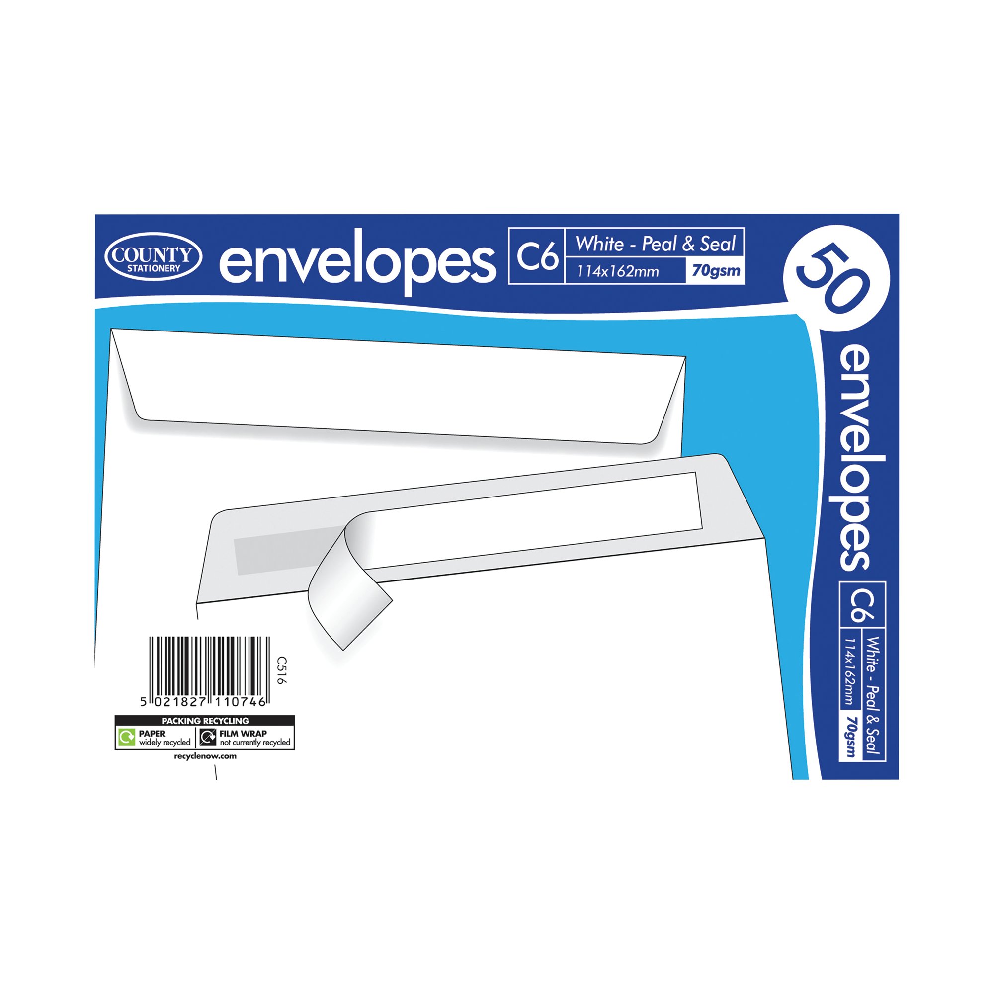 County Stationery C6 Peel and Seal Envelope x50 White 114x1162mm (Pack of 20) C516